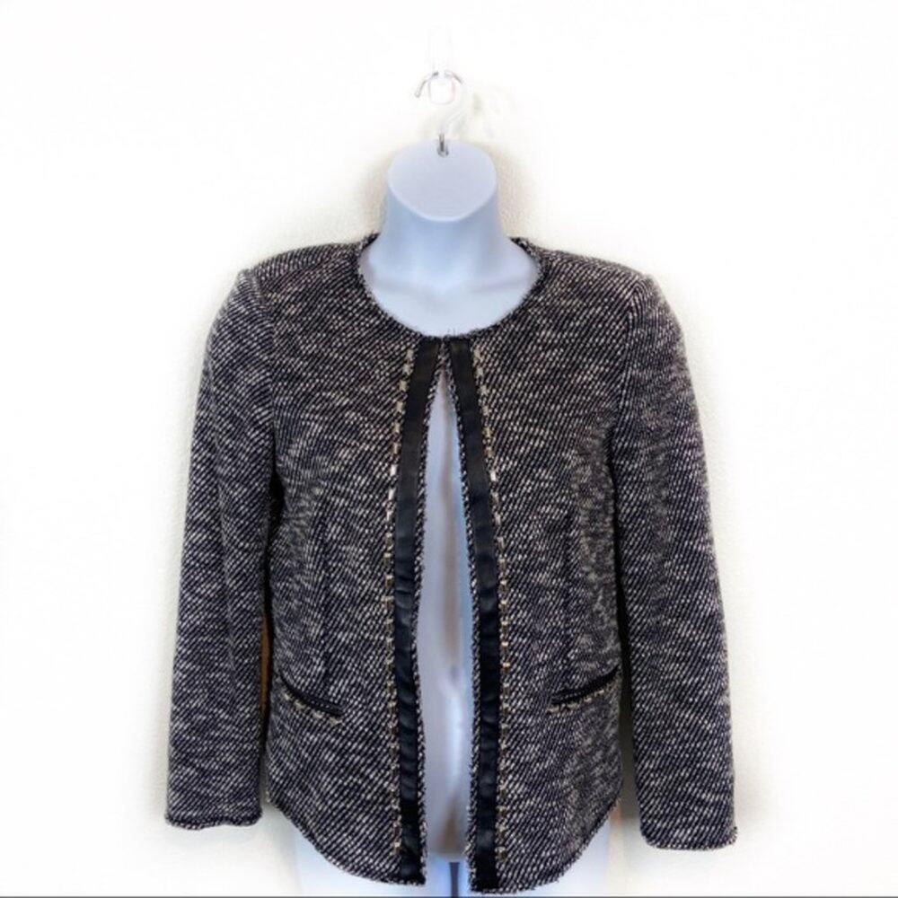 Cache Blazer Jacket Tweed Raw Hem Womens Faux Leather Trim Size 12 Vintage 80s